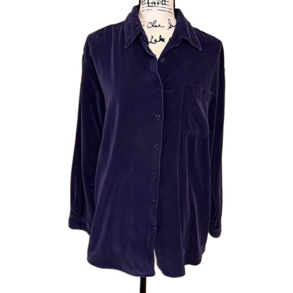Northcrest Navy blue velour button down shirt Size large